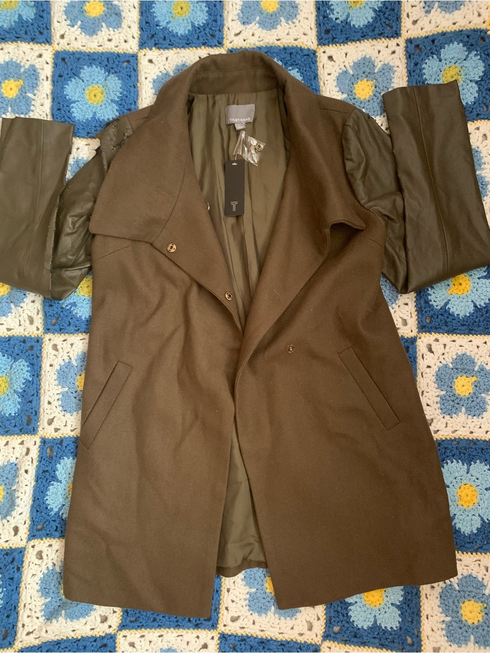 Tinley Road Olive Green Wool Blend Coat with Vegan Leather Sleeves